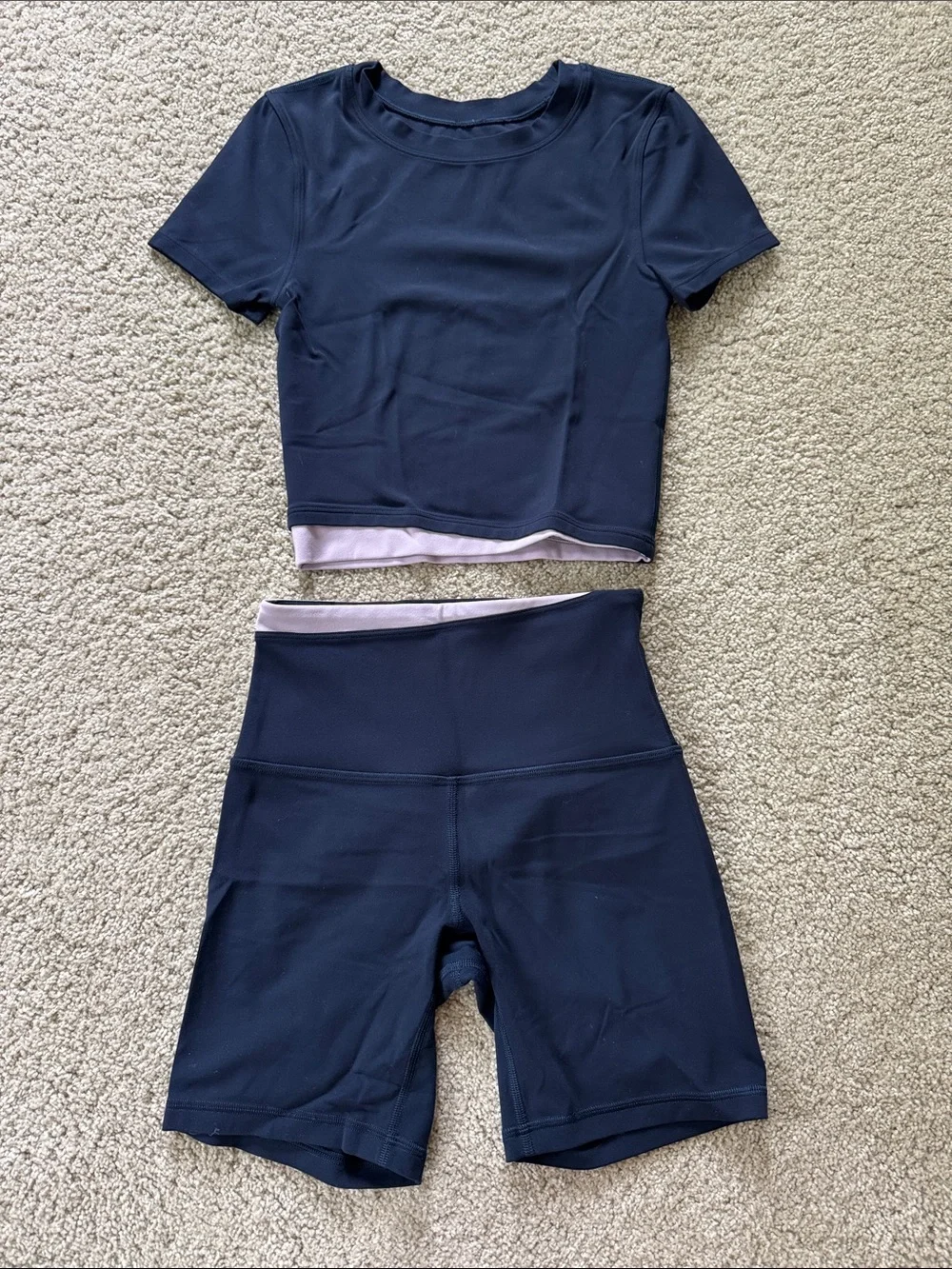 LULULEMON Navy Blue Purple Cropped Tee and Short Set 2/XXS - Picture 2 of 6